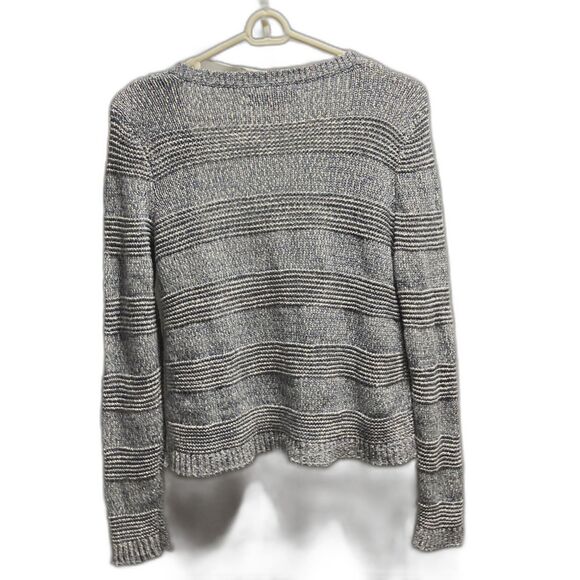 ANN TAYLOR Loft Fringe Sweater Cardigan Jacket Blue Gray Marled Womens Medium - Picture 9 of 12